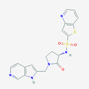 molecular formula C19H17N5O3S2 B135955 Thieno[3,2-B]pyridine-2-sulfonic acid [2-oxo-1-(1H-pyrrolo[2,3-C]pyridin-2-ylmethyl)-pyrrolidin-3-YL]-amide CAS No. 14364-09-1