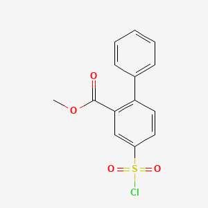 molecular formula C14H11ClO4S B13618185 Methyl 5-(chlorosulfonyl)-2-phenylbenzoate 