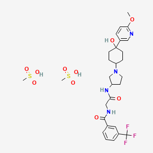 molecular formula C28H39F3N4O10S2 B13648386 N-[2-[[1-[4-hydroxy-4-(6-methoxypyridin-3-yl)cyclohexyl]pyrrolidin-3-yl]amino]-2-oxoethyl]-3-(trifluoromethyl)benzamide;methanesulfonic acid 