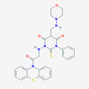 molecular formula C29H28N6O4S2 B136570 10H-Phenothiazine, 10-(((tetrahydro-5-((4-morpholinylamino)methyl)-4,6-dioxo-3-phenyl-2-thioxo-1(2H)-pyrimidinyl)amino)acetyl)- CAS No. 141177-53-9