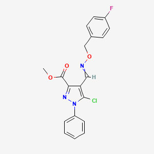 molecular formula C19H15ClFN3O3 B1366258 Methyl 5-chloro-4-[(4-fluorophenyl)methoxyiminomethyl]-1-phenylpyrazole-3-carboxylate 