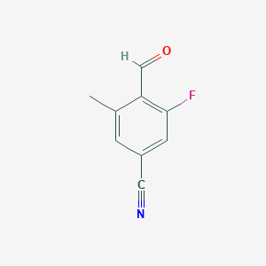 molecular formula C9H6FNO B13671242 3-Fluoro-4-formyl-5-methylbenzonitrile 