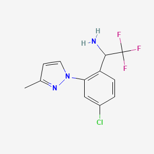 molecular formula C12H11ClF3N3 B13672388 1-(4-Chloro-2-(3-methyl-1H-pyrazol-1-yl)phenyl)-2,2,2-trifluoroethanamine 