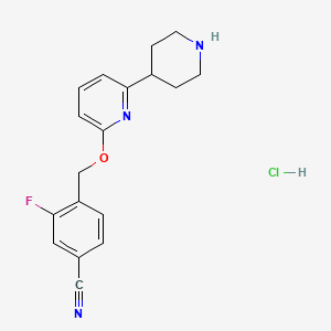 molecular formula C18H19ClFN3O B13692528 3-Fluoro-4-({[6-(piperidin-4-yl)pyridin-2-yl]oxy}methyl)benzonitrile hydrochloride 