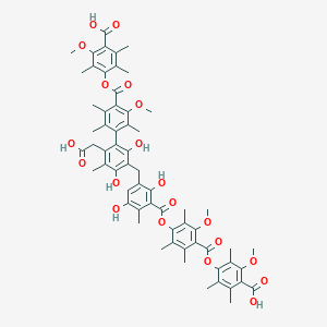 molecular formula C62H66O20 B137009 4-[4-[5-[[3-[4-(4-Carboxy-3-methoxy-2,5,6-trimethylphenoxy)carbonyl-3-methoxy-2,5,6-trimethylphenoxy]carbonyl-2,5-dihydroxy-4-methylphenyl]methyl]-2-(carboxymethyl)-4,6-dihydroxy-3-methylphenyl]-2-methoxy-3,5,6-trimethylbenzoyl]oxy-2-methoxy-3,5,6-trimethylbenzoic acid CAS No. 143716-44-3