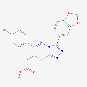 molecular formula C19H13BrN4O4S B137184 2-[3-(1,3-benzodioxol-5-yl)-6-(4-bromophenyl)-7H-[1,2,4]triazolo[3,4-b][1,3,4]thiadiazin-7-yl]acetic acid CAS No. 126598-26-3