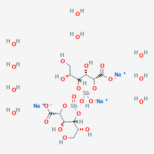 molecular formula C12H37Na3O26Sb2 B13718561 trisodium;(4R,5S,6R)-2-[[(4R,5S,6R)-4-carboxylato-6-[(1R)-1,2-dihydroxyethyl]-5-hydroxy-1,3,2-dioxastibinan-2-yl]oxy]-6-[(1R)-1,2-dihydroxyethyl]-5-hydroxy-2-oxo-1,3,2λ5-dioxastibinane-4-carboxylate;hydroxide;nonahydrate 