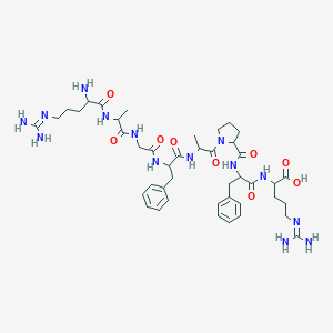 molecular formula C43H64N14O9 B137193 2-[[2-[[1-[2-[[2-[[2-[2-[[2-Amino-5-(diaminomethylideneamino)pentanoyl]amino]propanoylamino]acetyl]amino]-3-phenylpropanoyl]amino]propanoyl]pyrrolidine-2-carbonyl]amino]-3-phenylpropanoyl]amino]-5-(diaminomethylideneamino)pentanoic acid CAS No. 154208-08-9