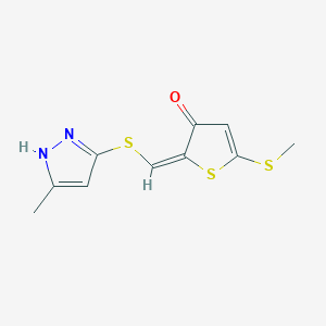 molecular formula C10H10N2OS3 B13721658 2-[(3-Methyl-1H-pyrazol-5-ylthio)methylene]-5-(methylthio)thiophen-3(2H)-one 