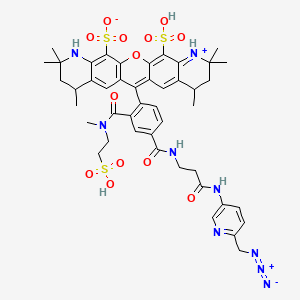 molecular formula C45H51N9O13S3 B13722096 13-[4-[[3-[[6-(azidomethyl)pyridin-3-yl]amino]-3-oxopropyl]carbamoyl]-2-[methyl(2-sulfoethyl)carbamoyl]phenyl]-7,7,9,17,19,19-hexamethyl-22-sulfo-2-oxa-6-aza-20-azoniapentacyclo[12.8.0.03,12.05,10.016,21]docosa-1(22),3(12),4,10,13,15,20-heptaene-4-sulfonate 