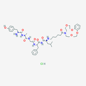 molecular formula C49H70ClN7O11 B137252 L-Leucinamide, L-tyrosyl-D-alanylglycyl-L-phenylalanyl-N-(6-(2,3,5,6,8,9,11,12-octahydro-7H-1,4,10,13,7-benzotetraoxaazacyclopentadecin-7-yl)-6-oxohexyl)-, monohydrochloride CAS No. 145594-25-8