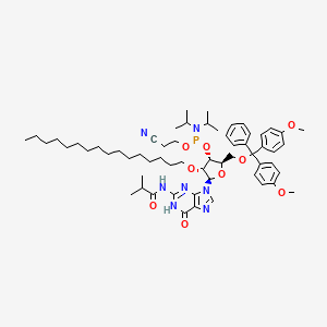 molecular formula C60H86N7O9P B13729172 N-[9-[(2R,3R,4R,5R)-5-[[bis(4-methoxyphenyl)-phenylmethoxy]methyl]-4-[2-cyanoethoxy-[di(propan-2-yl)amino]phosphanyl]oxy-3-hexadecoxyoxolan-2-yl]-6-oxo-1H-purin-2-yl]-2-methylpropanamide 