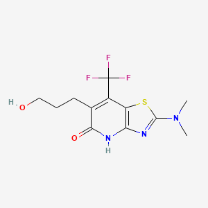 molecular formula C12H14F3N3O2S B13731240 2-Dimethylamino-6-(3-hydroxypropyl)-7-(trifluoromethyl)thiazolo-[4,5-b]-pyridin-5(4H)-one 