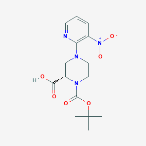 molecular formula C15H20N4O6 B13731732 (S)-1-(tert-Butoxycarbonyl)-4-(3-nitropyridin-2-yl)piperazine-2-carboxylic acid 