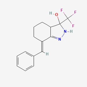 molecular formula C15H15F3N2O B13732571 7-(E)-Benzylidene-3,3a,4,5,6,7-hexahydro-3-hydroxy-3-trifluoromethyl-2H-indazole 