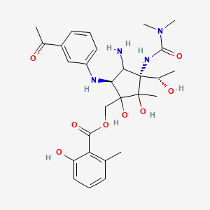 molecular formula C28H38N4O8 B13733027 [(3R,5S)-5-(3-acetylanilino)-4-amino-3-(dimethylcarbamoylamino)-1,2-dihydroxy-3-[(1S)-1-hydroxyethyl]-2-methylcyclopentyl]methyl 2-hydroxy-6-methylbenzoate CAS No. 1405-46-5