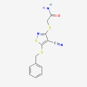 molecular formula C13H11N3OS3 B13735449 Acetamide, 2-((4-cyano-5-((phenylmethyl)thio)-3-isothiazolyl)thio)- CAS No. 135489-18-8