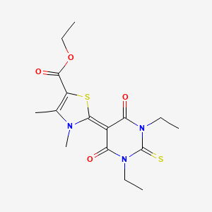 molecular formula C16H21N3O4S2 B13736833 Ethyl 2-(1,3-diethyltetrahydro-4,6-dioxo-2-thioxo-(2H)-pyrimidin-5-ylidene)-2,3-dihydro-3,4-dimethylthiazole-5-carboxylate CAS No. 21368-26-3