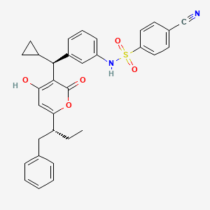 molecular formula C32H30N2O5S B13740120 4-Cyano-N-{3-[(S)-cyclopropyl{4-hydroxy-2-oxo-6-[(2R)-1-phenylbutan-2-yl]-2H-pyran-3-yl}methyl]phenyl}benzene-1-sulfonamide CAS No. 162170-29-8
