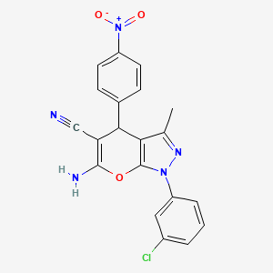 molecular formula C20H14ClN5O3 B13741025 6-Amino-1-(3-chlorophenyl)-3-methyl-4-(4-nitrophenyl)-1,4-dihydropyrano[2,3-c]pyrazole-5-carbonitrile CAS No. 4604-43-7