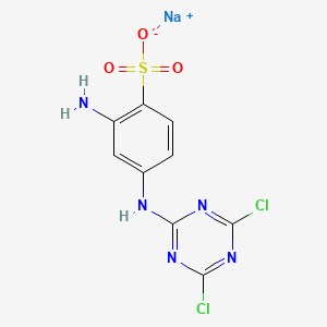 molecular formula C9H6Cl2N5NaO3S B13741598 Benzenesulfonic acid, 2-amino-4-[(4,6-dichloro-1,3,5-triazin-2-yl)amino]-, monosodium salt CAS No. 41642-95-9