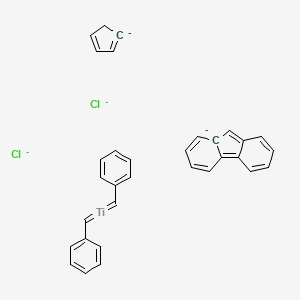 molecular formula C32H26Cl2Ti-4 B13745529 cyclopenta-1,3-diene;dibenzylidenetitanium;fluoren-8a-ide;dichloride CAS No. 224951-46-6