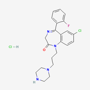 molecular formula C22H25Cl2FN4O B13746513 2H-1,4-Benzodiazepin-2-one, 1,3-dihydro-7-chloro-5-(o-fluorophenyl)-1-(3-(1-piperazinyl)propyl)-, hydrochloride CAS No. 1057-13-2