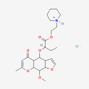 molecular formula C24H36ClNO7 B13748066 Butyric acid, 2-((9-methoxy-7-methyl-5-oxo-3a,4,4a,8a,9,9a-hexahydro-5H-furo(3,2-g)(1)benzopyran-4-yl)oxy)-, 2-piperidinoethyl ester, hydrochloride CAS No. 100700-33-2