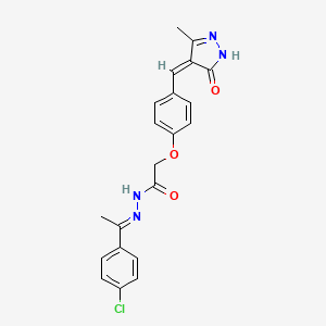 molecular formula C21H19ClN4O3 B13749900 Acetic acid, (4-((1,5-dihydro-3-methyl-5-oxo-4H-pyrazol-4-ylidene)methyl)phenoxy)-, (1-(4-chlorophenyl)ethylidene)hydrazide CAS No. 107045-05-6