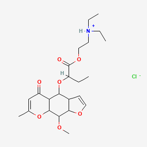 molecular formula C23H36ClNO7 B13753170 Butyric acid, 2-((9-methoxy-7-methyl-5-oxo-3a,4,4a,8,9,9a-hexahydro-5H-furo(3,2-g)(1)benzopyran-4-yl)oxy)-, 2-(diethylamino)ethyl ester, hydrochloride CAS No. 71510-44-6