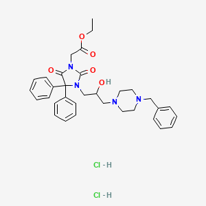 molecular formula C33H40Cl2N4O5 B13755001 1-Imidazolidineacetic acid, 2,5-dioxo-4,4-diphenyl-3-(2-hydroxy-3-(4-(phenylmethyl)-1-piperazinyl)propyl)-, ethyl ester, dihydrochloride CAS No. 110427-52-6