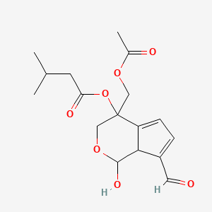 molecular formula C17H22O7 B13756135 Butanoic acid, 3-methyl-, 4-((acetyloxy)methyl)-7-formyl-1,3,4,7a-tetrahydro-1-hydroxycyclopenta(c)pyran-4-yl ester CAS No. 71013-41-7