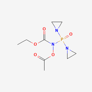 molecular formula C9H16N3O5P B13760327 Carbamic acid, acetoxy(bis(1-aziridinyl)phosphinyl)-, ethyl ester CAS No. 54805-65-1