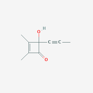 molecular formula C9H10O2 B137618 2-Cyclobuten-1-one, 4-hydroxy-2,3-dimethyl-4-(1-propynyl)-(9CI) CAS No. 130352-47-5