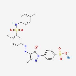 molecular formula C24H22N5NaO6S2 B13763987 Benzenesulfonic acid, 4-(4,5-dihydro-3-methyl-4-((4-methyl-3-(((4-methylphenyl)amino)sulfonyl)phenyl)azo)-5-oxo-1H-pyrazol-1-yl)-, monosodium salt CAS No. 72828-87-6