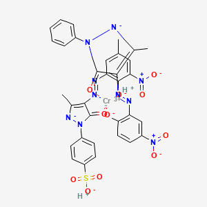 molecular formula C33H25CrN10O11S B13764417 chromium(3+);hydron;4-[3-methyl-4-[(5-methyl-3-nitro-2-oxidophenyl)diazenyl]-5-oxopyrazol-2-id-1-yl]benzenesulfonate;2-[(3-methyl-5-oxo-1-phenylpyrazol-2-id-4-yl)diazenyl]-4-nitrophenolate 
