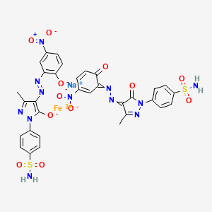 molecular formula C32H24FeN12O12S2.Na<br>C32H24FeN12NaO12S2 B13765541 Ferrate(1-), bis(3-(4,5-dihydro-4-((2-(hydroxy-kappaO)-5-nitrophenyl)azo-kappaN1)-3-methyl-5-(oxo-kappaO)-1H-pyrazol-1-yl)benzenesulfonamidato(2-))-, sodium CAS No. 72496-87-8