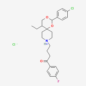 molecular formula C26H32Cl2FNO3 B13766119 Butyrophenone, 4-(2-(p-chlorophenyl)-5-ethyl-1,3-dioxa-9-azaspiro(5.5)undec-9-yl)-4'-fluoro-, hydrochloride, hydrate CAS No. 74203-70-6