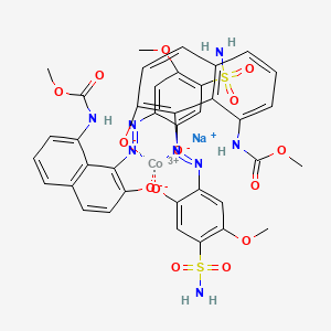 molecular formula C38H32CoN8NaO14S2 B13768436 Sodium;cobalt(3+);8-(methoxycarbonylamino)-1-[(5-methoxy-2-oxido-4-sulfamoylphenyl)diazenyl]naphthalen-2-olate 
