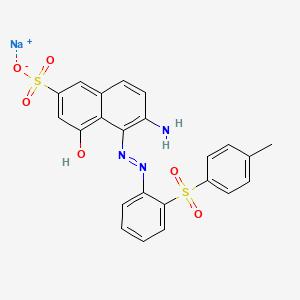 molecular formula C23H18N3NaO6S2 B13768917 Sodium 6-amino-4-hydroxy-5-((2-((p-tolyl)sulphonyl)phenyl)azo)naphthalene-2-sulphonate CAS No. 71873-41-1