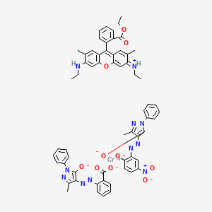 molecular formula C61H54CrN11O10 B13769563 Chromium(3+);[9-(2-ethoxycarbonylphenyl)-6-(ethylamino)-2,7-dimethylxanthen-3-ylidene]-ethylazanium;5-methyl-4-[(5-nitro-2-oxidophenyl)diazenyl]-2-phenylpyrazol-3-olate;2-[(3-methyl-5-oxido-1-phenylpyrazol-4-yl)diazenyl]benzoate CAS No. 73297-20-8