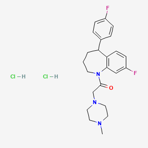 molecular formula C23H29Cl2F2N3O B13770877 1H-1-Benzazepine, 2,3,4,5-tetrahydro-8-fluoro-5-(4-fluorophenyl)-1-((4-methyl-1-piperazinyl)acetyl)-, dihydrochloride CAS No. 77796-02-2