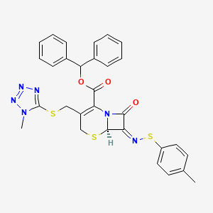 molecular formula C30H26N6O3S3 B13771434 (R,E)-benzhydryl 3-((1-methyl-1H-tetrazol-5-ylthio)methyl)-8-oxo-7-(p-tolylthioimino)-5-thia-1-azabicyclo[4.2.0]oct-2-ene-2-carboxylate 