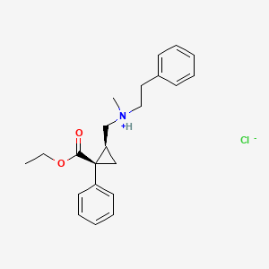 molecular formula C22H28ClNO2 B13772611 Cyclopropanecarboxylic acid, 2-((methyl(2-phenylethyl)amino)methyl)-1-phenyl-, ethyl ester, hydrochloride, cis- CAS No. 85467-54-5