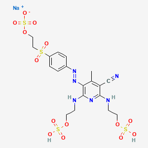 molecular formula C19H23N6NaO14S4 B13772677 4-Methyl-2,6-bis((2-(sulphooxy)ethyl)amino)-5-((4-((2-(sulphooxy)ethyl)sulphonyl)phenyl)azo)nicotinonitrile, sodium salt CAS No. 94158-85-7