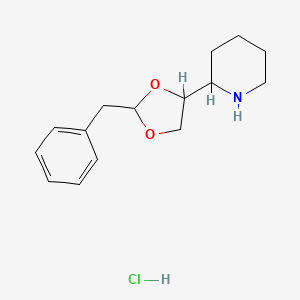 molecular formula C15H22ClNO2 B13773543 2-(2-Benzyl-1,3-dioxolan-4-yl)piperidine--hydrogen chloride (1/1) CAS No. 7457-33-2