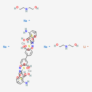 molecular formula C40H46Cu2LiN8Na3O20S4+4 B13774384 Cuprate(4-), (mu-((3,3'-((3,3'-di(hydroxy-kappaO)(1,1'-biphenyl)-4,4'-diyl)bis(azo-kappaN1))bis(5-amino-4-(hydroxy-kappaO)-2,7-naphthalenedisulfonato))(8-)))bis(2,2'-(imino-kappaN)bis(ethanol-kappaO))di-, lithium trisodium CAS No. 74592-99-7