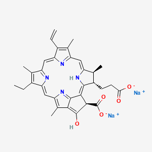 molecular formula C34H32N4Na2O5 B13774481 3-Phorbinepropanoic acid, 21-carboxy-9-ethenyl-14-ethyl-4,8,13,18-tetramethyl-20-oxo-, disodium salt, (3S,4S,21R)- CAS No. 72984-33-9