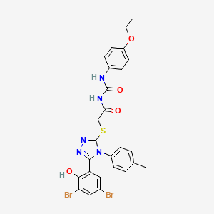 molecular formula C26H23Br2N5O4S B13778069 Acetamide, 2-((5-(3,5-dibromo-2-hydroxyphenyl)-4-(4-methylphenyl)-4H-1,2,4-triazol-3-yl)thio)-N-(((4-ethoxyphenyl)amino)carbonyl)- CAS No. 97399-38-7
