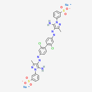 molecular formula C32H24Cl2N10Na2O6S2 B13779709 Disodium 3,3'-((2,2'-dichloro(1,1'-biphenyl)-4,4'-diyl)bis(azo(5-amino-3-methyl-1H-pyrazole-4,1-diyl)))bis(benzenesulphonate) CAS No. 83249-37-0